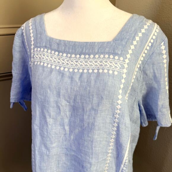 Talbots Light Blue Square Neck Embroidered Linen Top Size L Coastalprep - Picture 3 of 8
